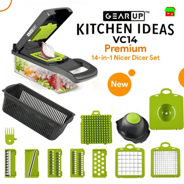 GearUP VC14 Premium 14-in-1 Vegetable and Fruits Multifunction Cutting Slicer Kitchen Tools Price In Bangladesh The GearUP VC14 Premium 14-in-1 Vegetable and Fruits Multifunction Cutting Slicer Kitchen Tools Price In Bangladesh. Get the original products at the most affordable price at DROPSHOP.COM.BD and enjoy the quality with the promise of the best customer service in Bangladesh. Features: 14-in-1 Functionality: The slicer comes with 14 different attachments, enabling you to slice, dice, chop, julienne, grate, and even spiralize fruits and vegetables effortlessly. High-Quality Materials: Made with durable, food-grade plastic and sharp stainless-steel blades, ensuring safety and longevity. Time-Saving Design: With interchangeable blades and an ergonomic handle, it significantly reduces preparation time, making it ideal for busy households. Easy to Clean: Comes with a cleaning brush and a detachable design for easy maintenance. Compact and Portable: Lightweight and easy to store, perfect for kitchens with limited space. Safety Features: Includes a hand guard to protect your fingers during use, making it safe for both beginners and experienced cooks.